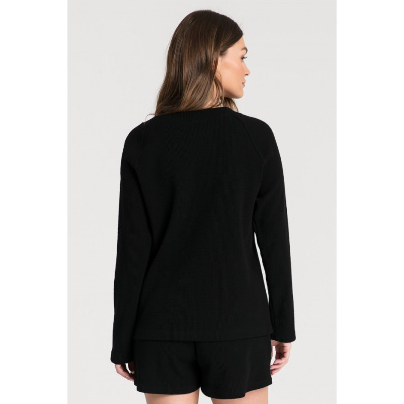 LA076 Bluzka z dzianiny wafelek - czarna