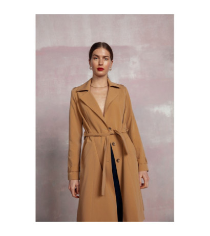 S294 Płaszcz z paskiem wiązanym - kamelowy