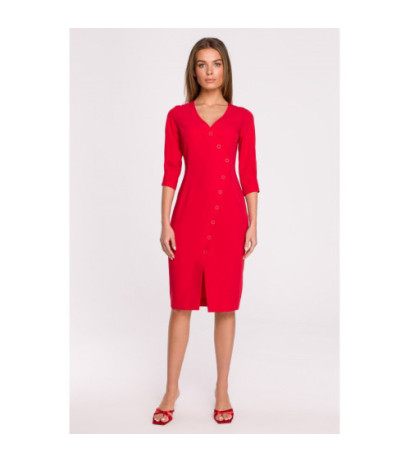S295 Sukienka z asymetrycznym przodem i guzikami - czerwona