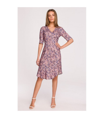 S299 Sukienka w kwiaty z falbaną i ozdobnymi guzikami - model 2