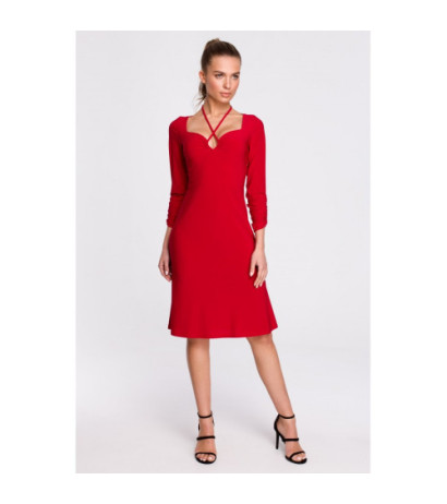 S308 Sukienka z ozdobnym dekoltem - czerwona