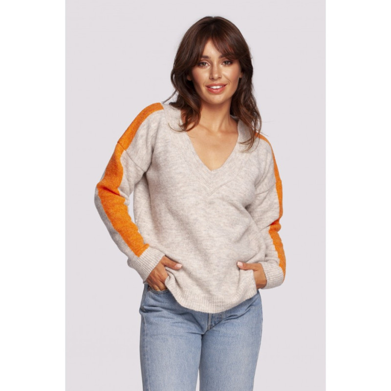 BK093 Sweter w serek z kontrastowymi lampasami - kość słoniowa