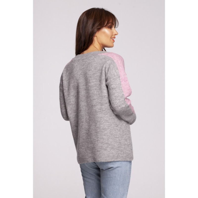 BK093 Sweter w serek z kontrastowymi lampasami - szary