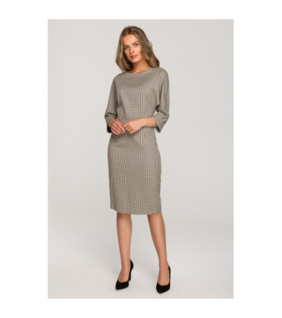 S323 Sukienka z kimonowymi rękawami w kratę - brązowa