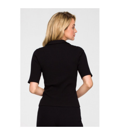 LA116 Prążkowana bluzka z kołnierzykiem - czarna
