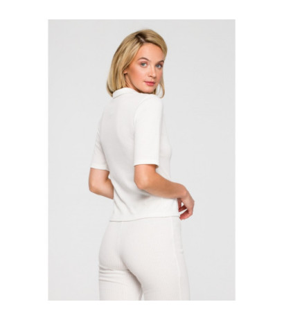 LA116 Prążkowana bluzka z kołnierzykiem - ecru