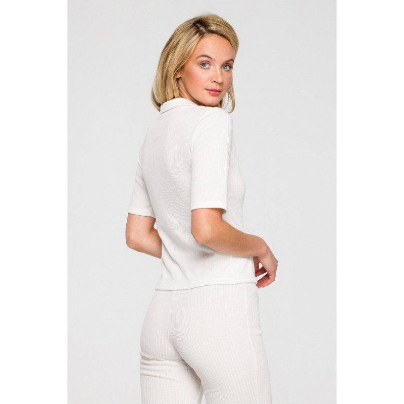 LA116 Prążkowana bluzka z kołnierzykiem - ecru