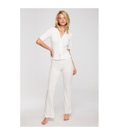 LA116 Prążkowana bluzka z kołnierzykiem - ecru