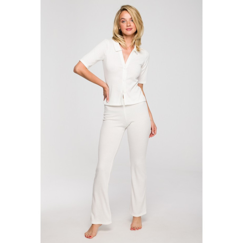 LA116 Prążkowana bluzka z kołnierzykiem - ecru