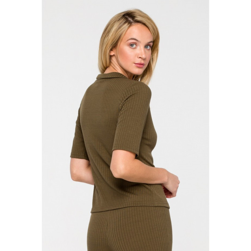 LA116 Prążkowana bluzka z kołnierzykiem - khaki