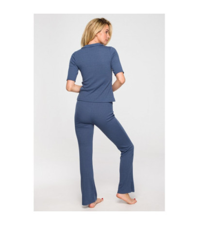 LA116 Prążkowana bluzka z kołnierzykiem - niebieska