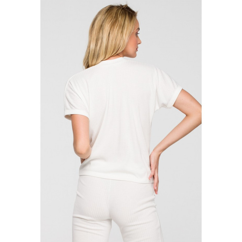 LA118 Prążkowana bluzka z dekoltem V - ecru