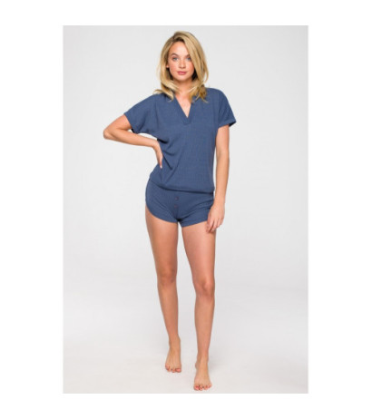 LA118 Prążkowana bluzka z dekoltem V - niebieska