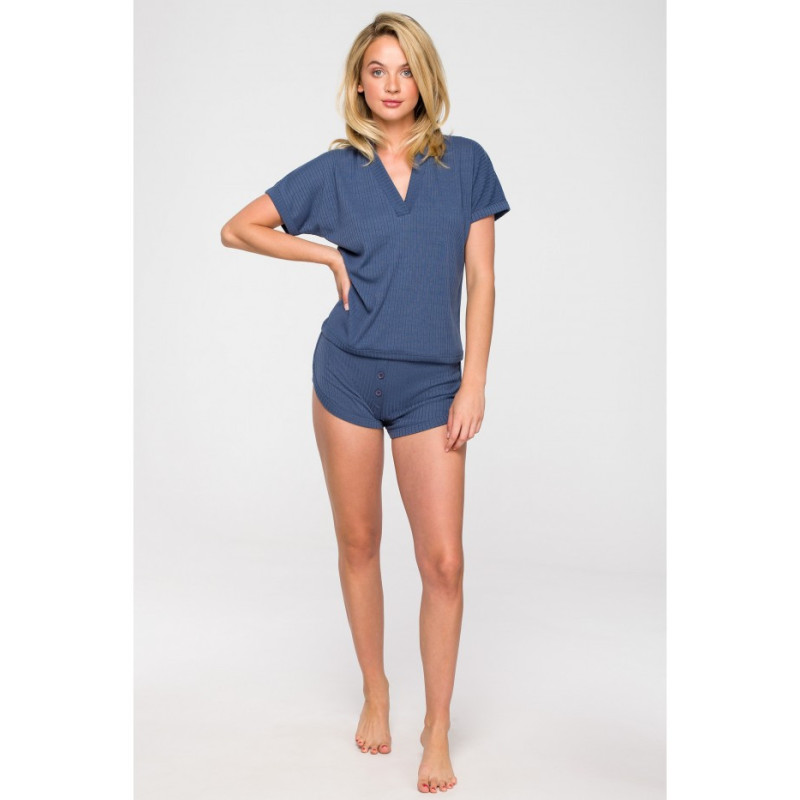 LA118 Prążkowana bluzka z dekoltem V - niebieska