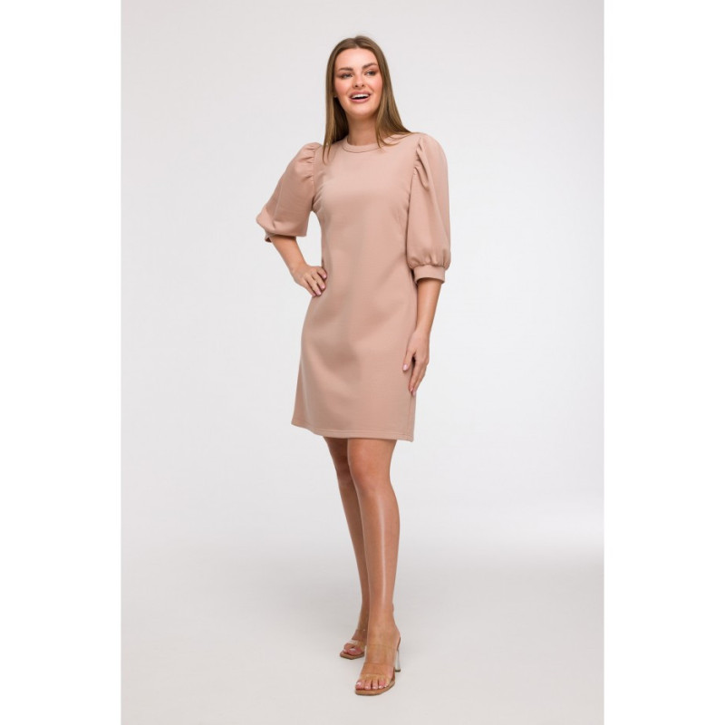 B291 Sukienka z bufiastymi rękawami - mokka