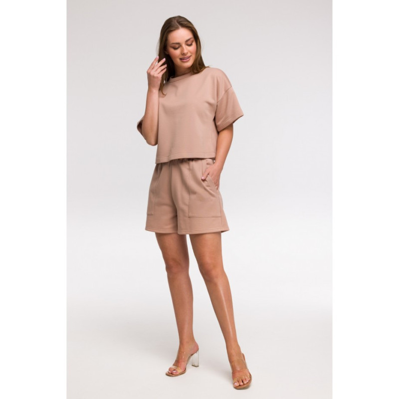 B294 Bluza oversize z krótkimi rękawami - mokka