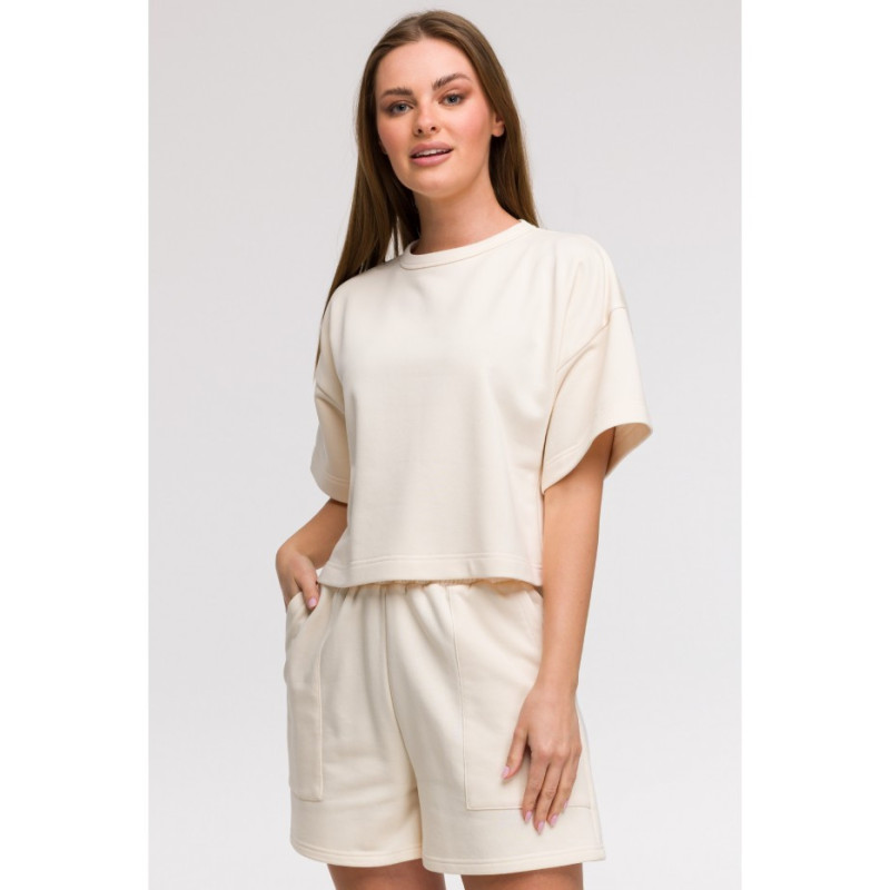 B294 Bluza oversize z krótkimi rękawami - waniliowa