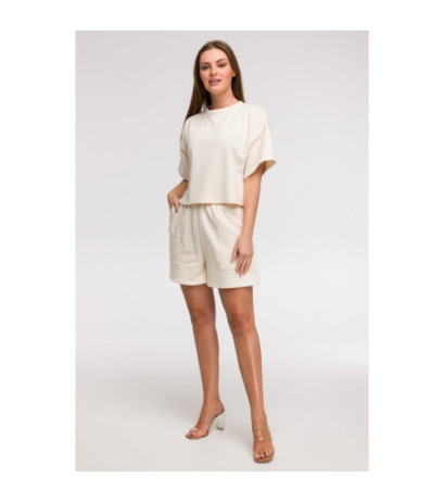 B294 Bluza oversize z krótkimi rękawami - waniliowa