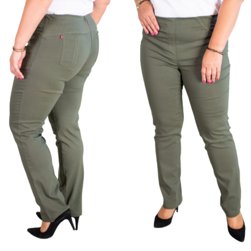 Ilgos tamprios kelnės tiesaus kirpimo paaukštintu liemeniu BENGALINY 02 K15 Olive green