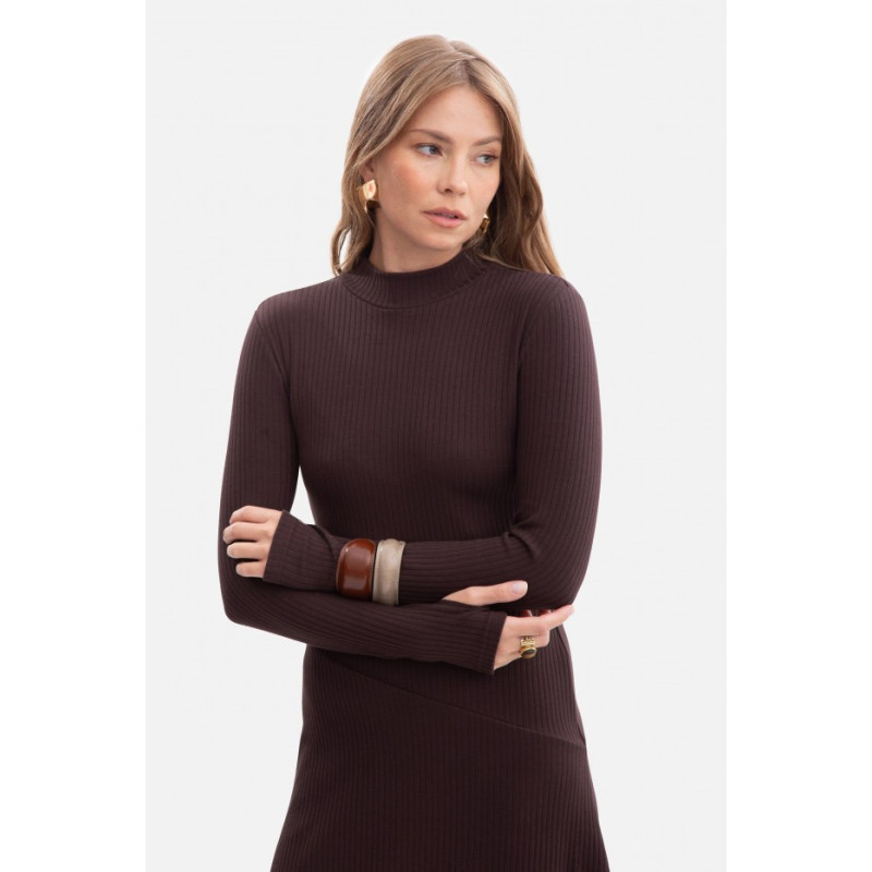 B299 Sukienka z dzianiny prążkowanej - gorzka czekolada