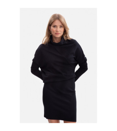 B309 Sukienka bluzowana z dzianiny prążkowanej - czarna