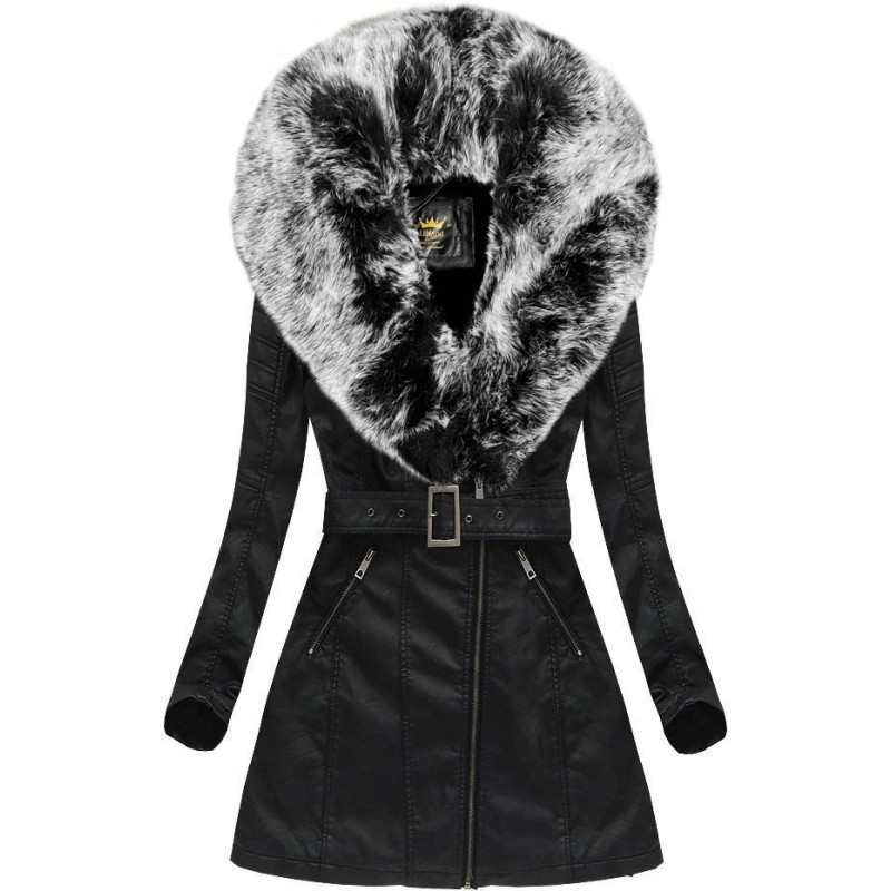 COAT WITH FUR COLLAR BLACK + GREY (5518) striukė COAT WITH FUR COLLAR BLACK + GREY (5518) striukė