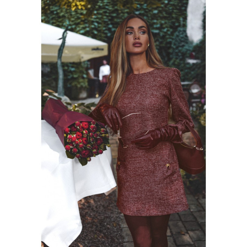 M870 Sukienka tweedowa z kieszonkami - bordowa