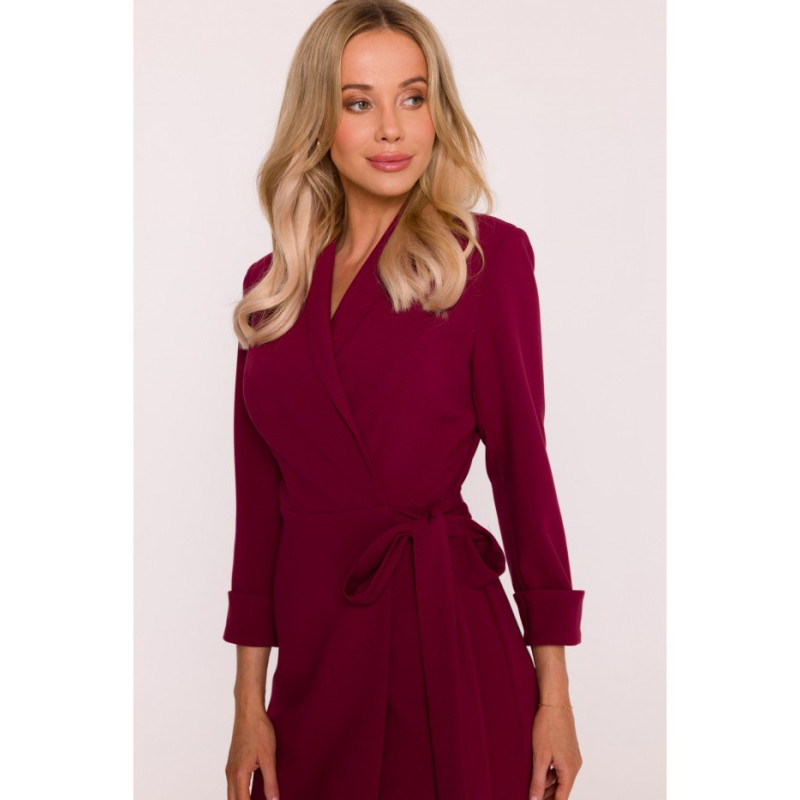 S415 Sukienka szmizjerka wiązana w talii - bordowa
