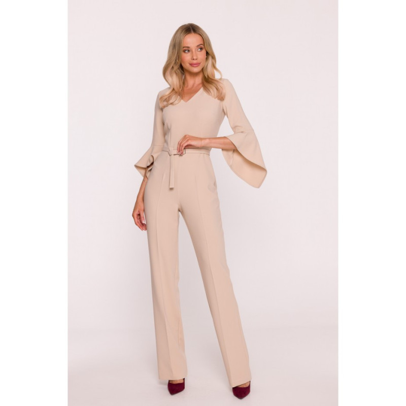 S416 Kombinezon z rękawami z falbaną - beżowy