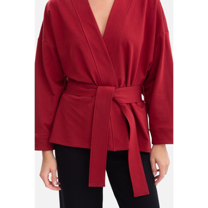B297 Blezer narzutka z paskiem - bordowy