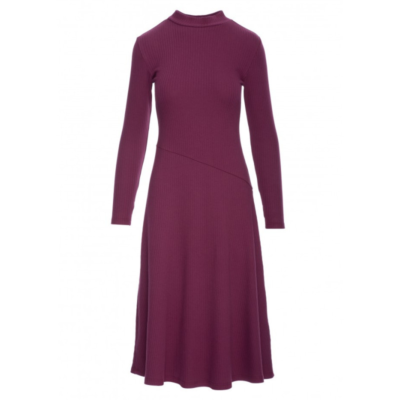 B299 Sukienka z dzianiny prążkowanej - śliwkowa