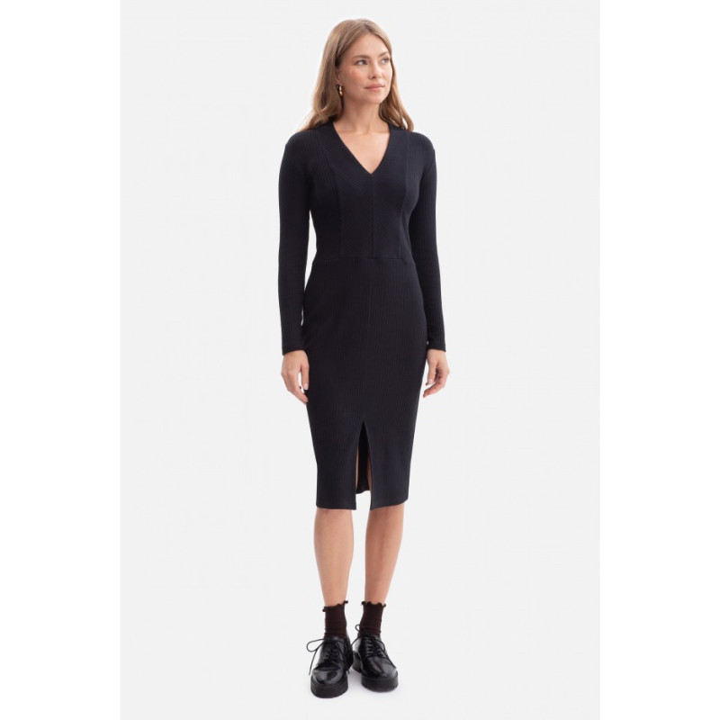 B307 Sukienka ołówkowa z dzianiny prążkowanej - czarna