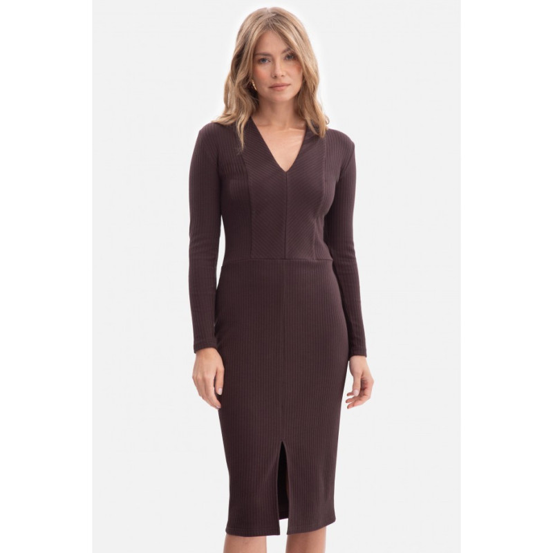 B307 Sukienka ołówkowa z dzianiny prążkowanej - gorzka czekolada