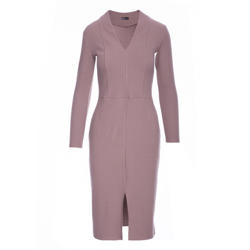 B307 Sukienka ołówkowa z dzianiny prążkowanej - kakaowa