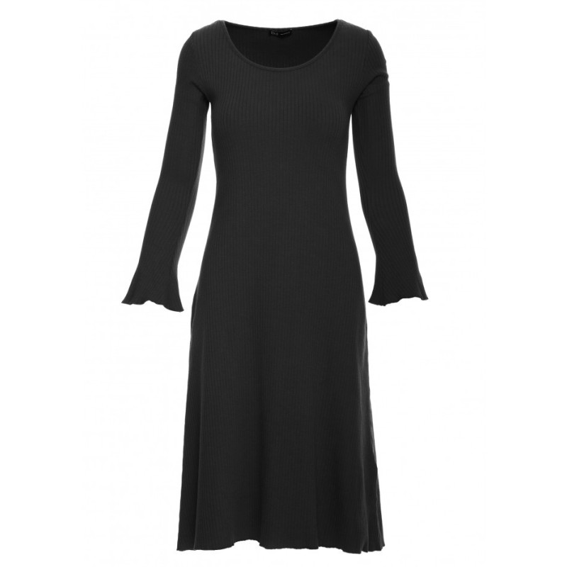 B308 Sukienka midi z dzianiny prążkowanej z dekoltem - czarna