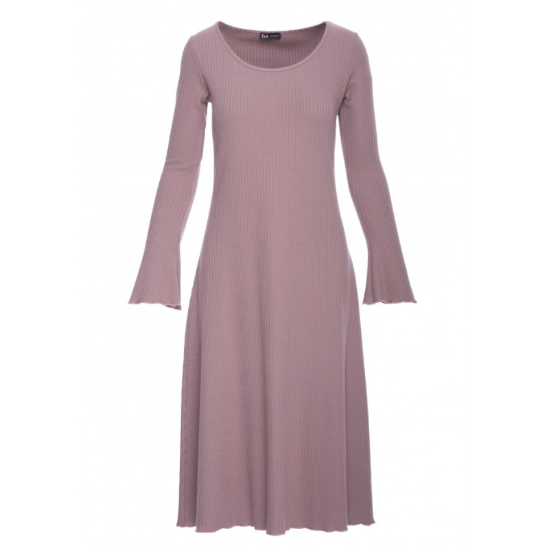 B308 Sukienka midi z dzianiny prążkowanej z dekoltem - kakaowa