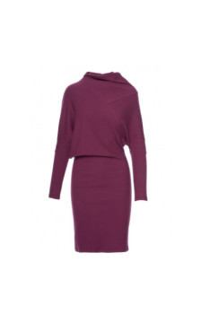 B309 Sukienka bluzowana z dzianiny prążkowanej - śliwkowa