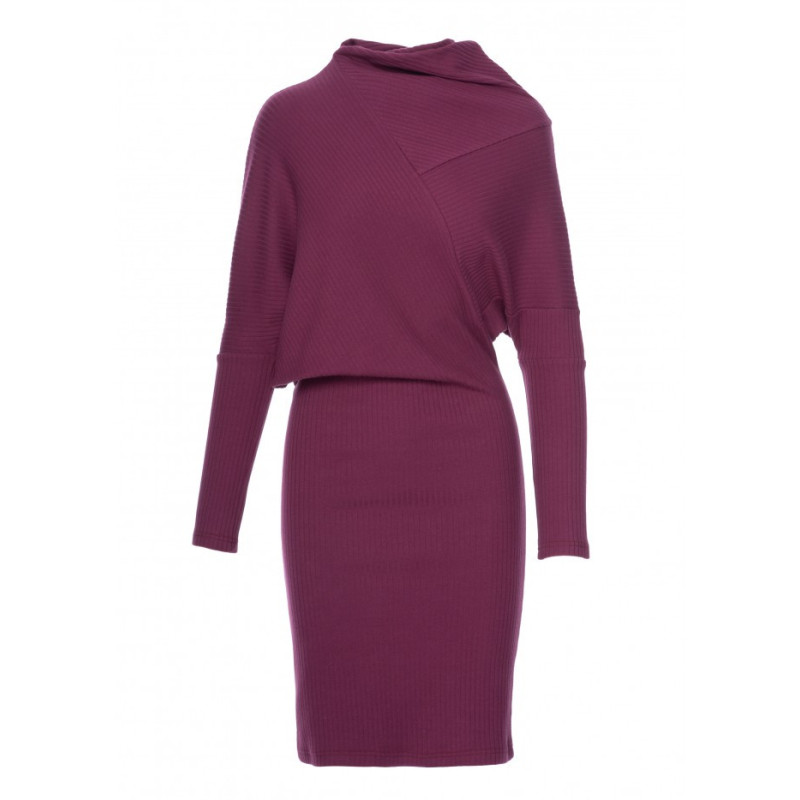 B309 Sukienka bluzowana z dzianiny prążkowanej - śliwkowa