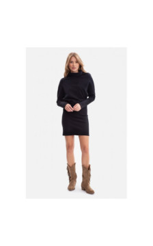 B309 Sukienka bluzowana z dzianiny prążkowanej - czarna