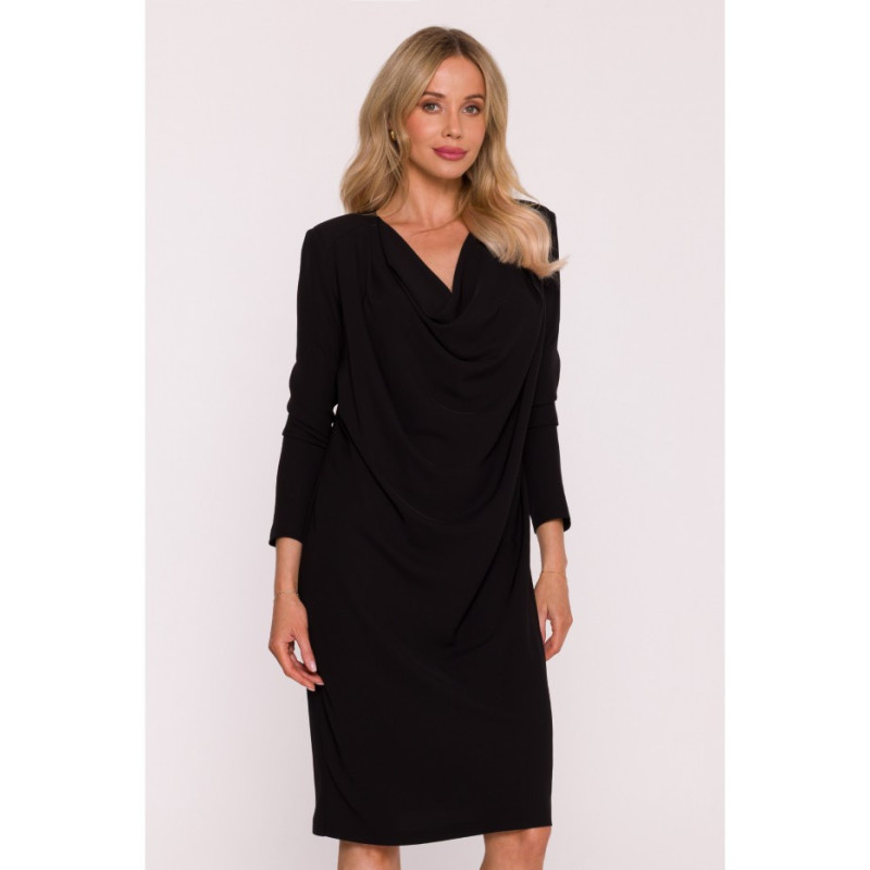 S428 Sukienka z drapowanym dekoltem - czarna