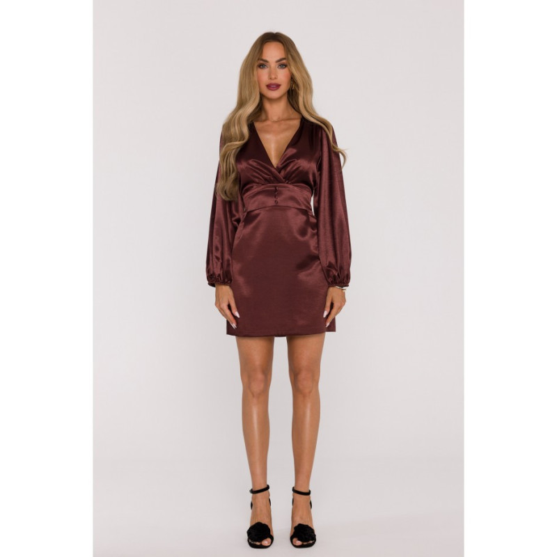 M888 Sukienka mini z bufiastymi rękawami - brązowa