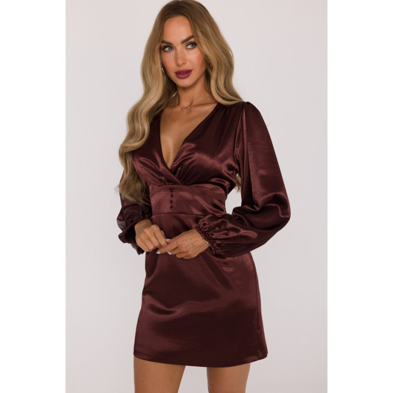 M888 Sukienka mini z bufiastymi rękawami - brązowa