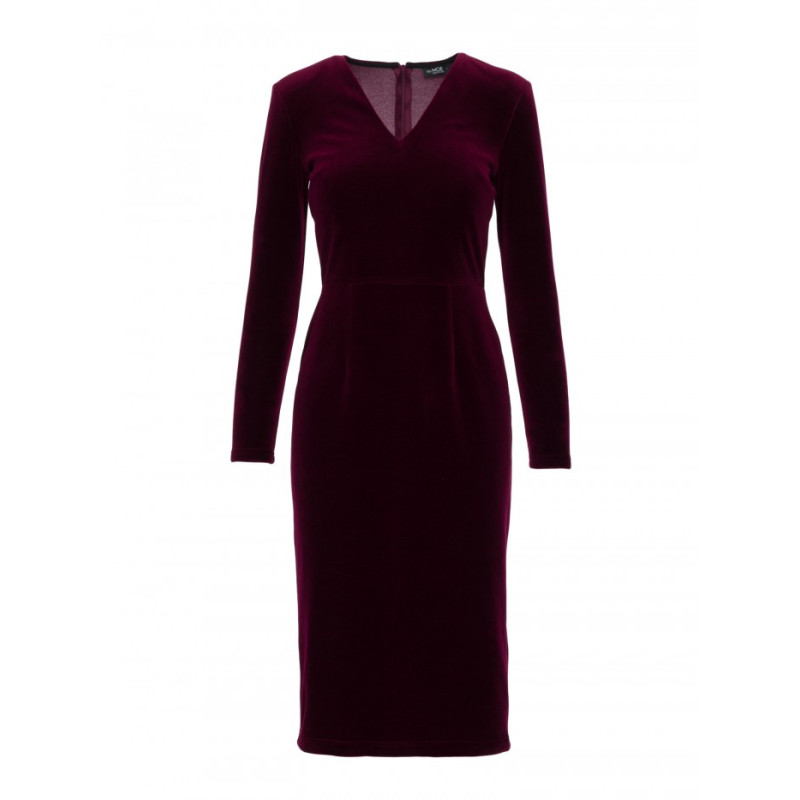 M889 Sukienka welurowa z dekoltem - bordowa