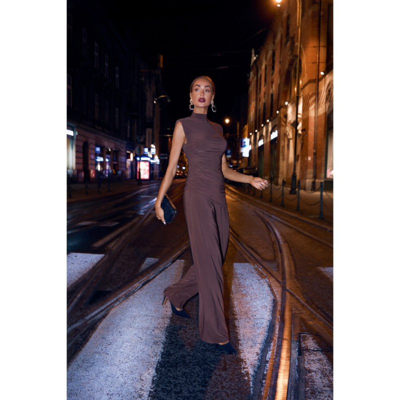 M890 Komplet z marszczoną bluzką i szerokimi spodniami - brązowy