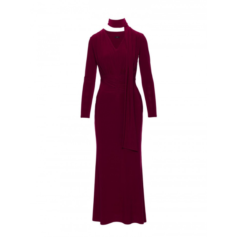 M891 Sukienka maxi z szarfą - bordowa