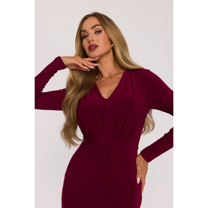 M891 Sukienka maxi z szarfą - bordowa