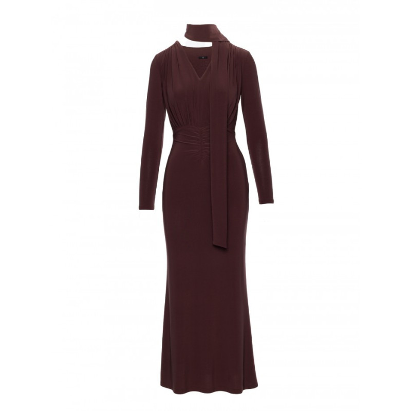 M891 Sukienka maxi z szarfą - brązowa