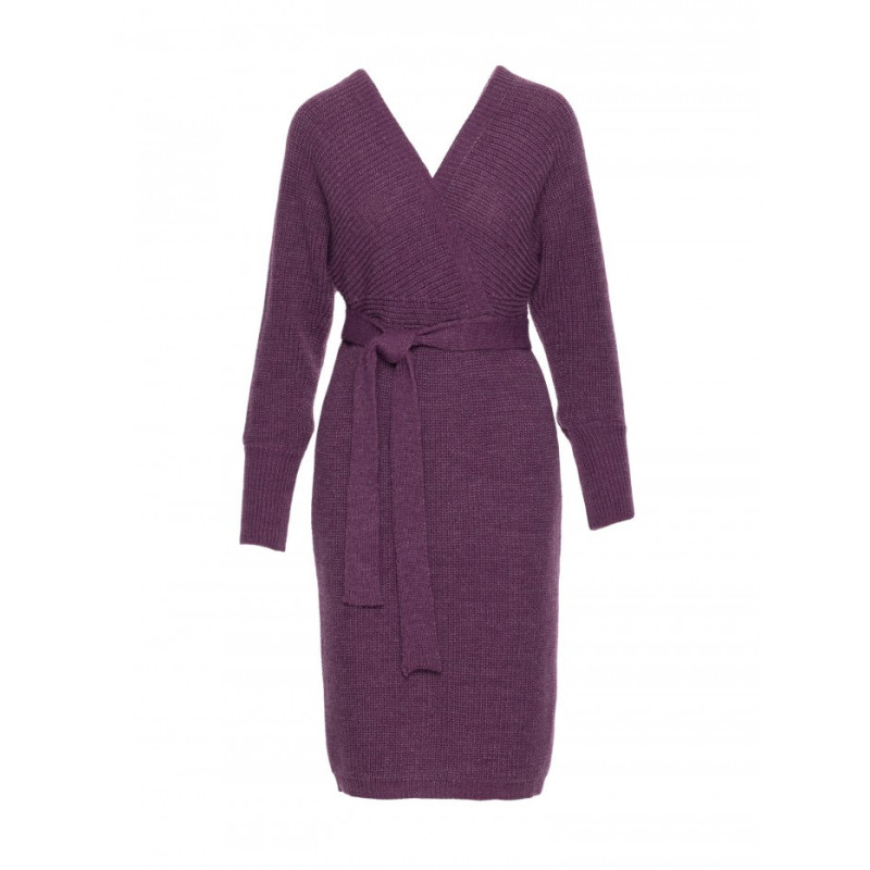 M810 Sukienka swetrowa z dekoltem kopertowym i paskiem - wrzosowa