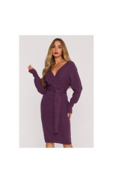 M810 Sukienka swetrowa z dekoltem kopertowym i paskiem - wrzosowa