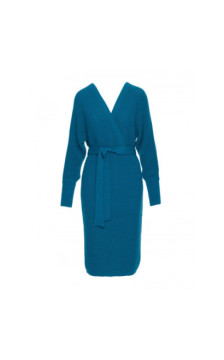 M810 Sukienka swetrowa z dekoltem kopertowym i paskiem - morski